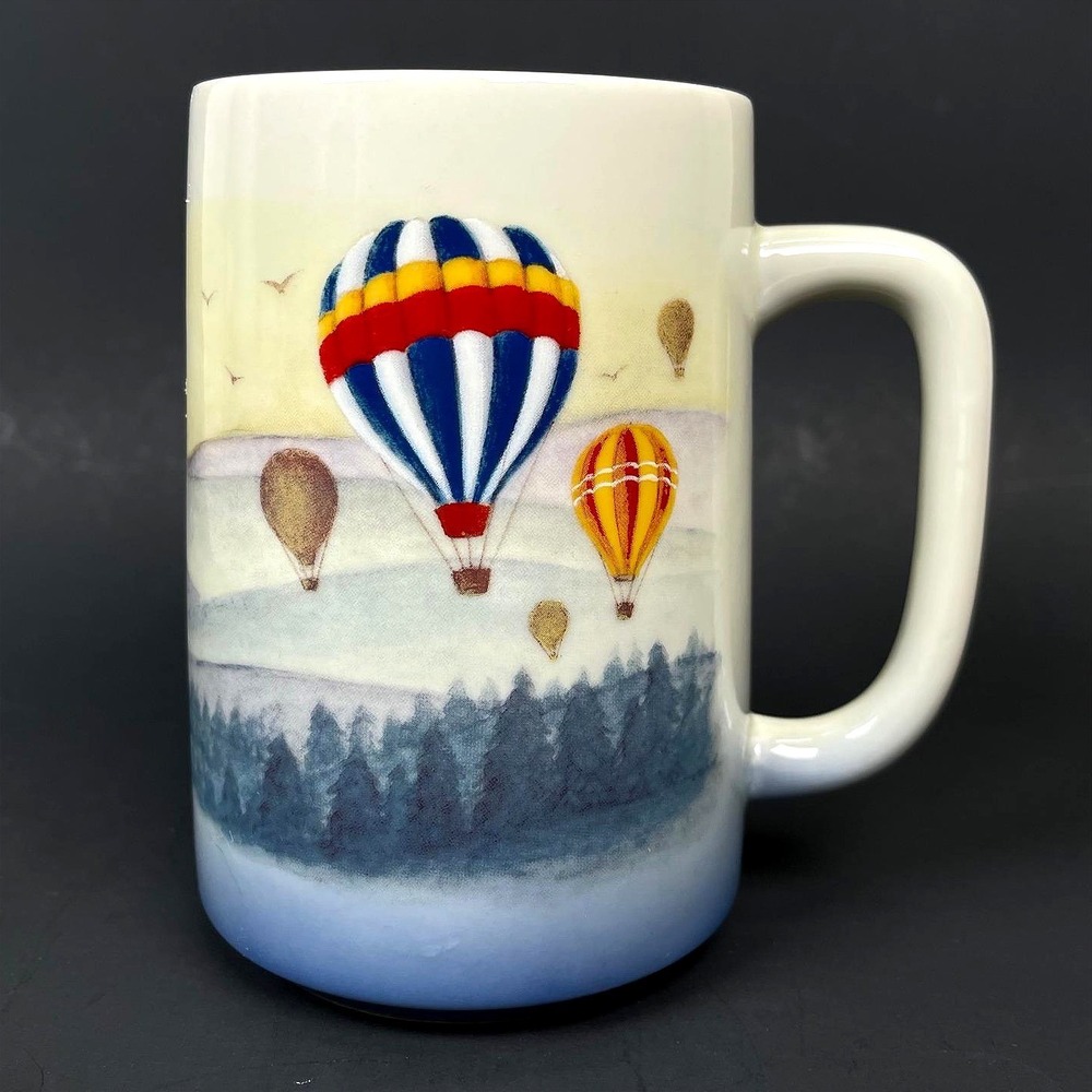 Vintage Otagiri Hot Air Balloon Mug Japan Blue White Forest Scenic Stoneware